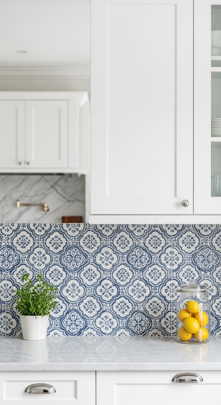 Cottage kitchen unique cheerful tile delft backsplash white countertop potted herb lemons elegant minimalist