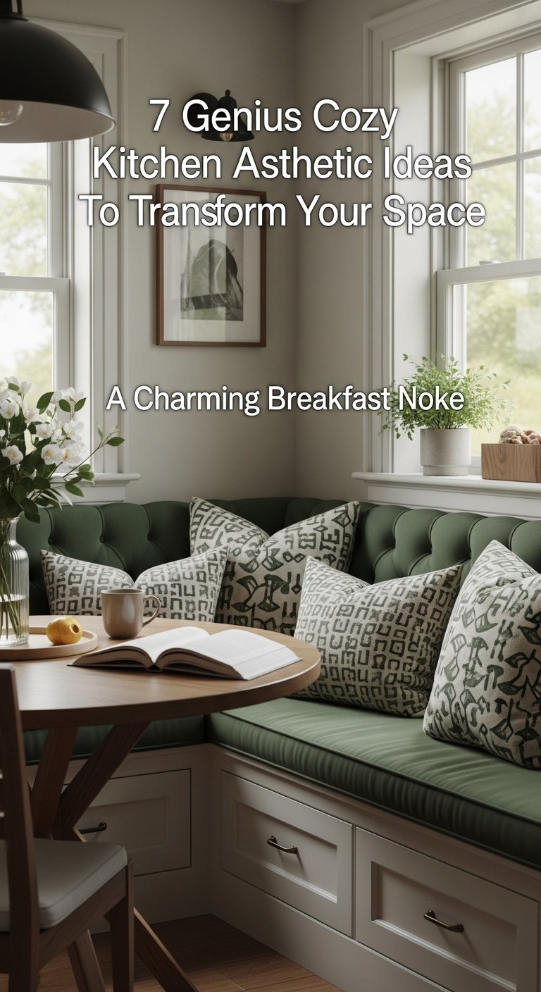 Cozy built-in corner banquette with green cushions and wooden table under a sunny window in a bright kitchen