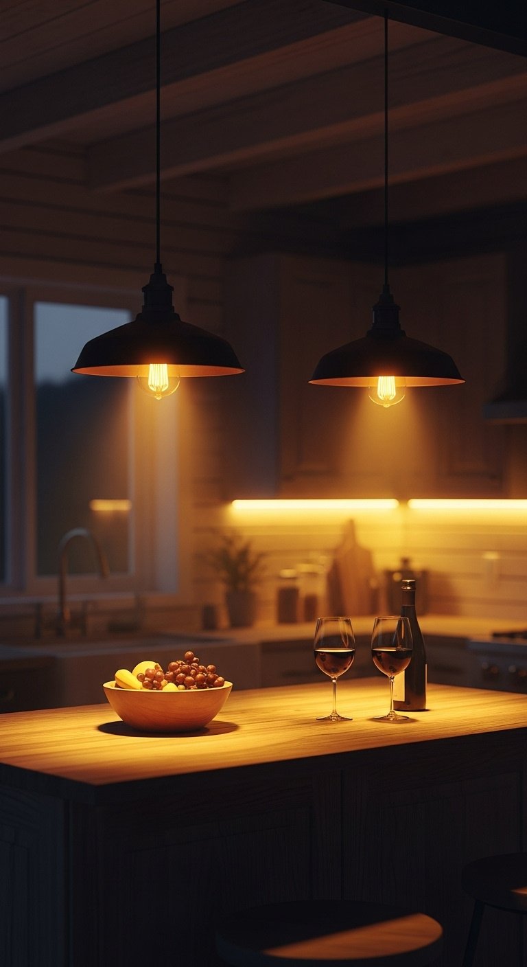 Cozy cabin kitchen island at dusk illuminated by warm glowing pendant lights with bowl of fruit and wine glasses