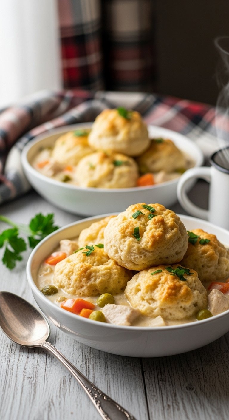 Cozy crockpot chicken and dumplings with parsley in a bowl on a wooden table with a spoon and mug