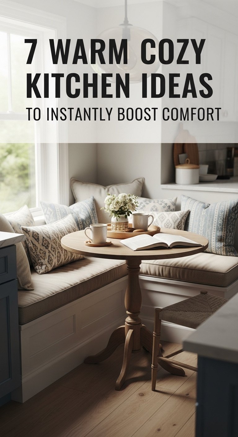 Cozy kitchen breakfast nook with round wooden table L-shaped bench soft beige cushion patterned pillows coffee mug and open book