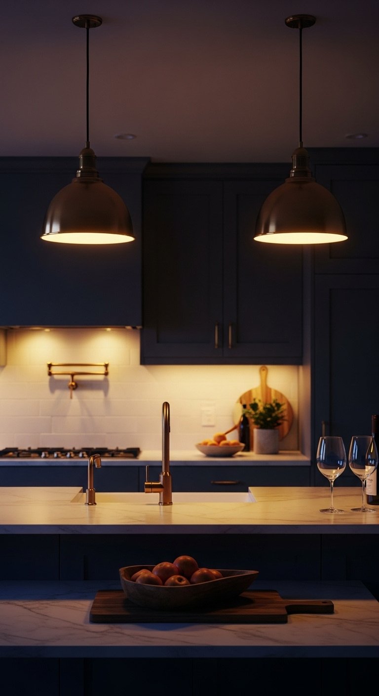 Cozy kitchen island at dusk with glowing brass pendant lights under-cabinet lighting fruit bowl and wine glasses on marble countertop