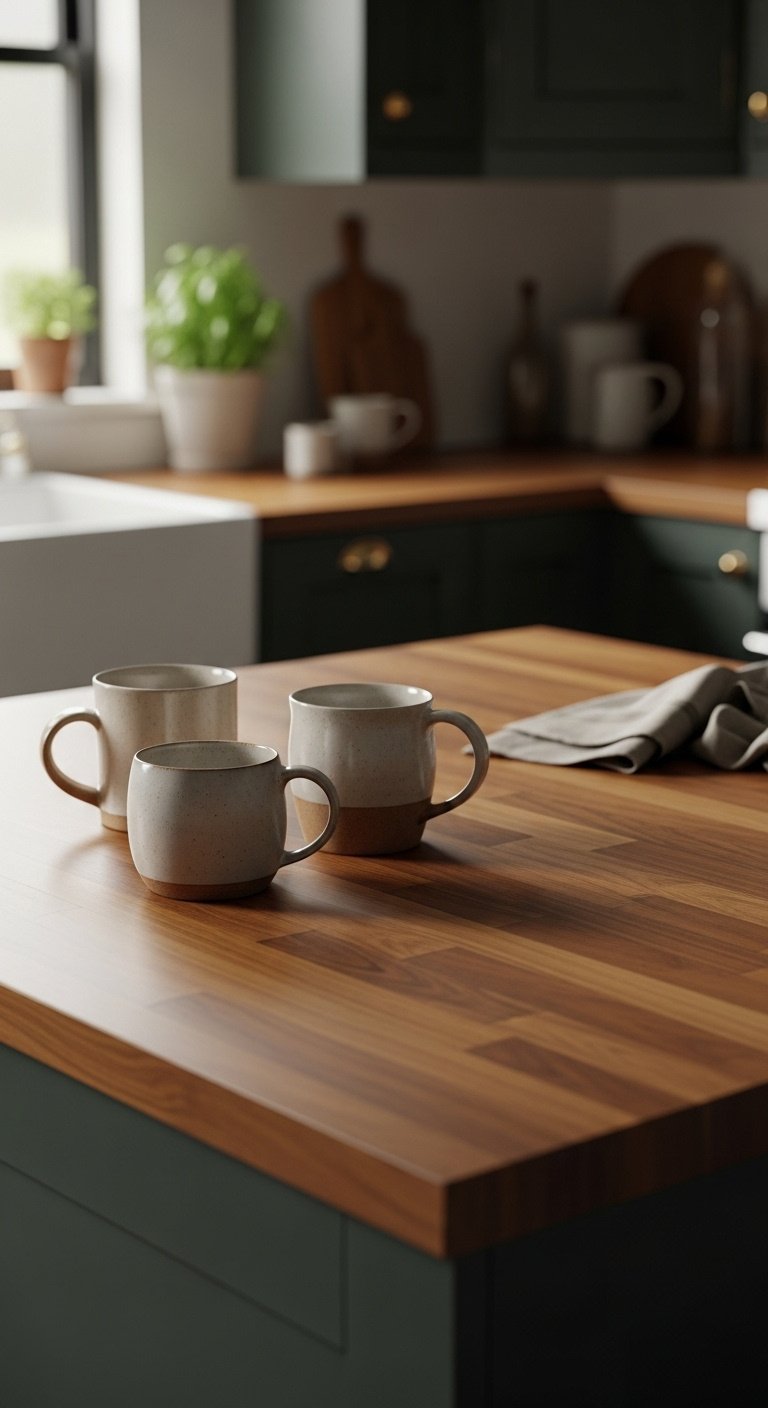 Cozy kitchen with butcher block countertop ceramic mugs and green cabinets bathed in natural light