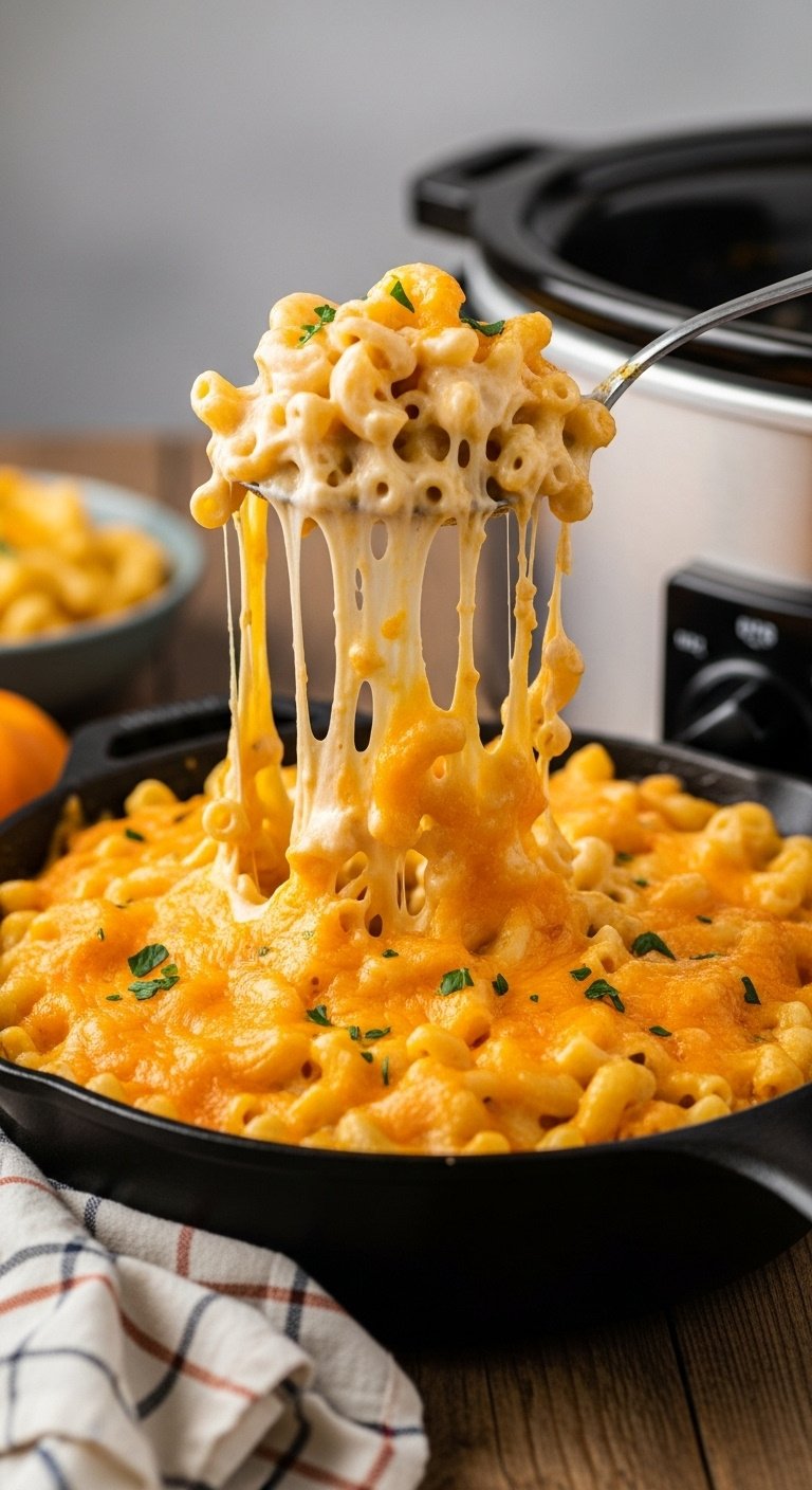 Creamiest crockpot mac and cheese with a cheese pull from a spoon in a cast iron skillet