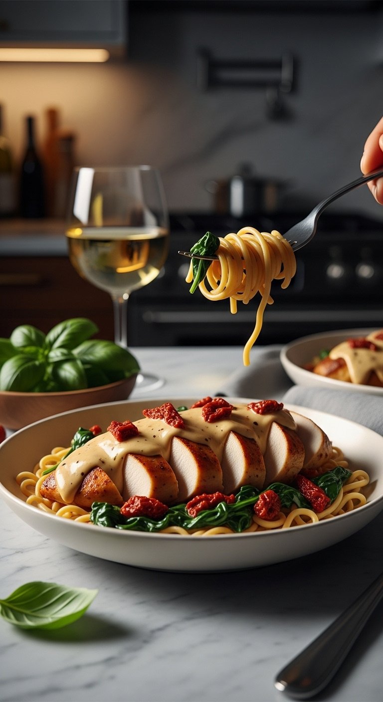 Creamy Tuscan chicken with sun-dried tomatoes and spinach in a pasta bowl on a marble countertop