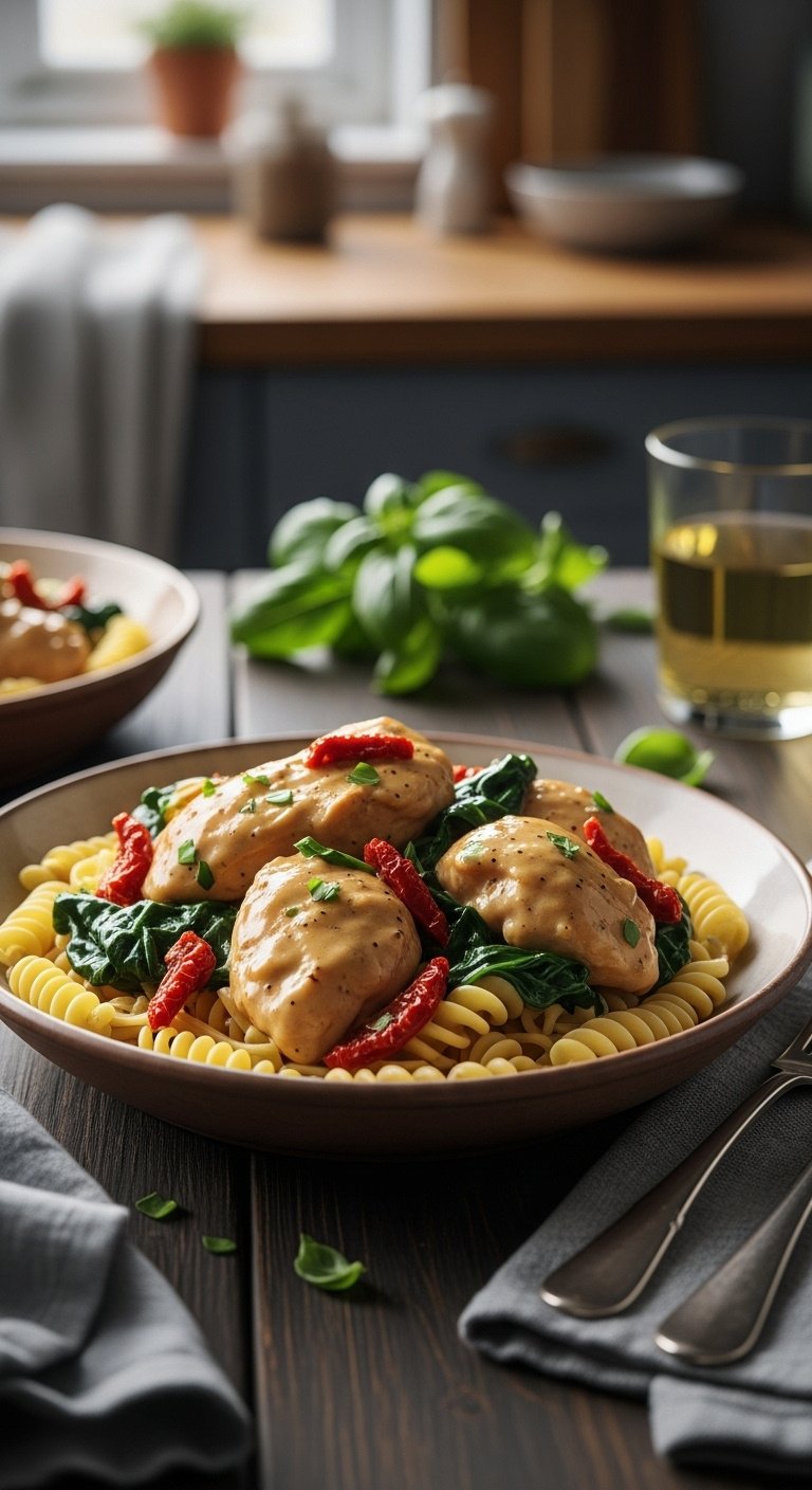 Creamy Tuscan chicken with sun-dried tomatoes and spinach over pasta in a rustic bowl on a dark wood table with basil and wine