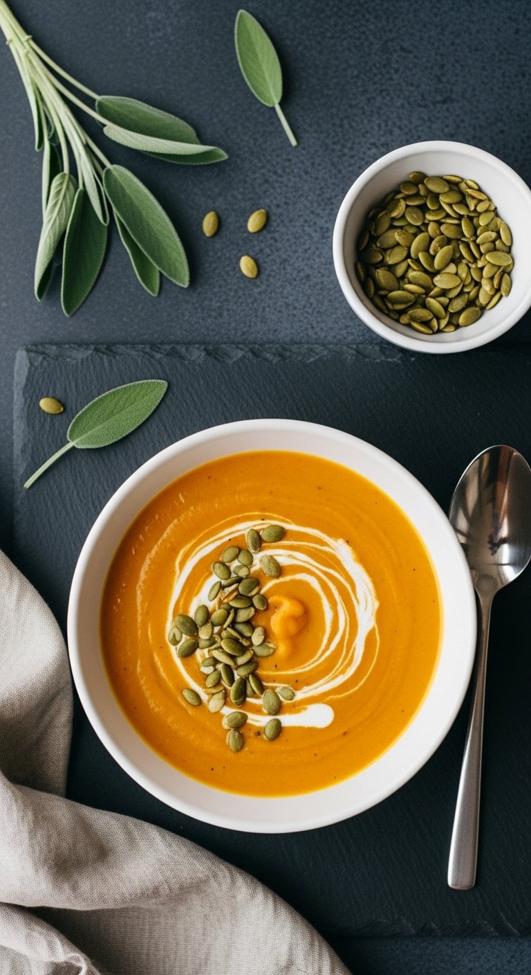 Creamy butternut squash soup with coconut cream and pumpkin seeds in a white bowl on dark slate with sage and napkin