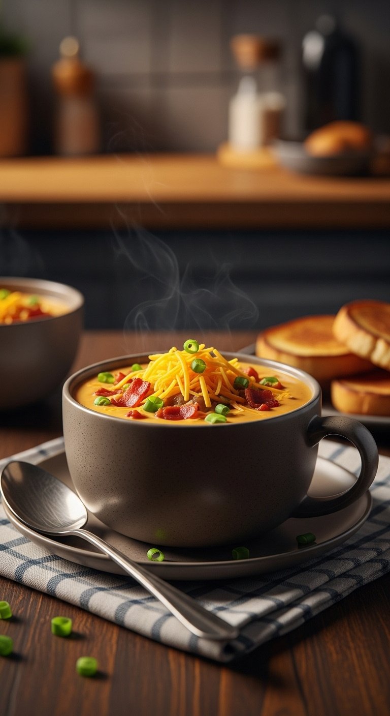 Creamy cheeseburger soup with shredded cheese, bacon bits, and green onions in a mug with a spoon and toast