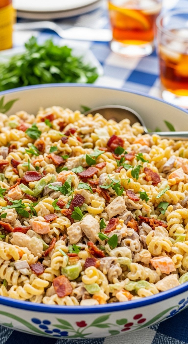 Creamy chicken pasta salad garnished with parsley and bacon in a large serving bowl at an outdoor potluck setting