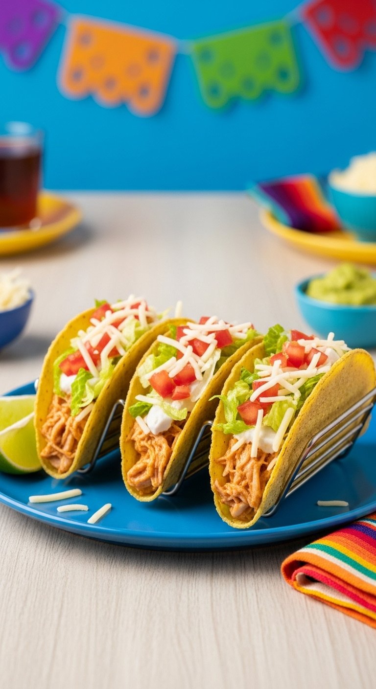 Creamy chicken tacos in a holder with lettuce tomatoes and cheese on a blue plate with lime guacamole and a colorful napkin