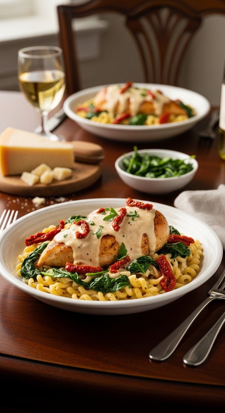 Creamy crockpot Tuscan chicken with sun-dried tomatoes spinach and pasta in a bowl with wine and Parmesan
