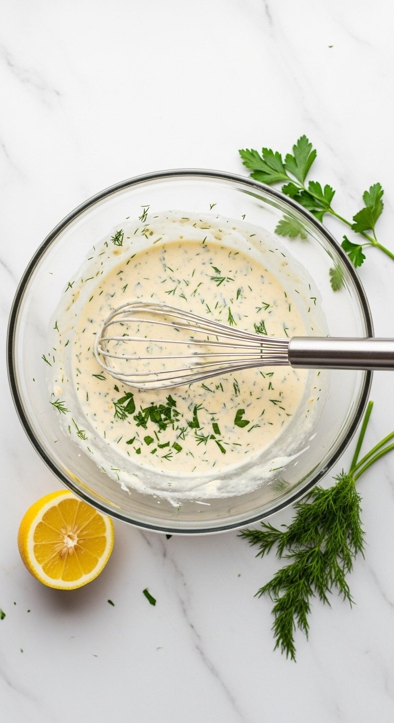 Creamy dressing with fresh dill and parsley in a glass bowl on a white marble countertop