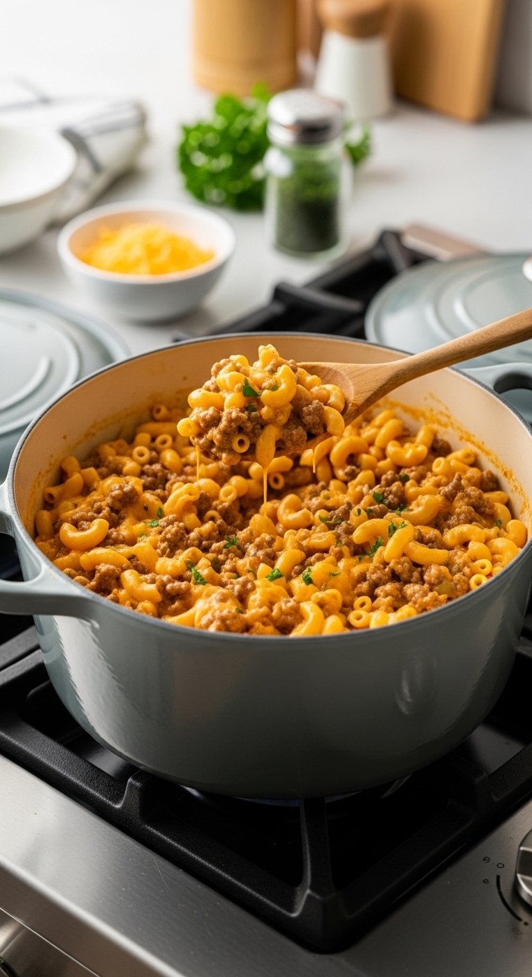 Creamy homemade hamburger helper in Dutch oven with macaroni ground beef wooden spoon bowl of cheese and parsley on stovetop
