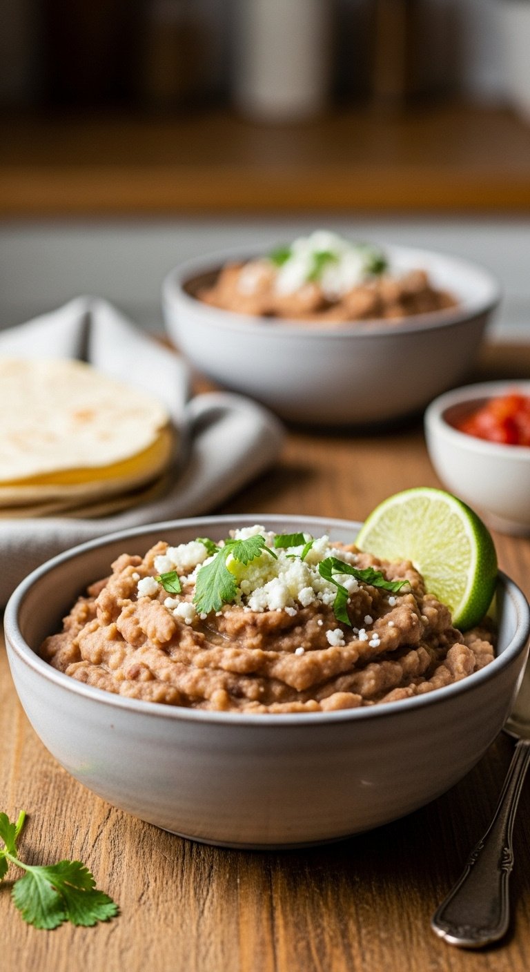 Creamy mashed refried beans in a rustic bowl garnished with cotija cilantro and lime wedge on a wood table with tortillas and salsa
