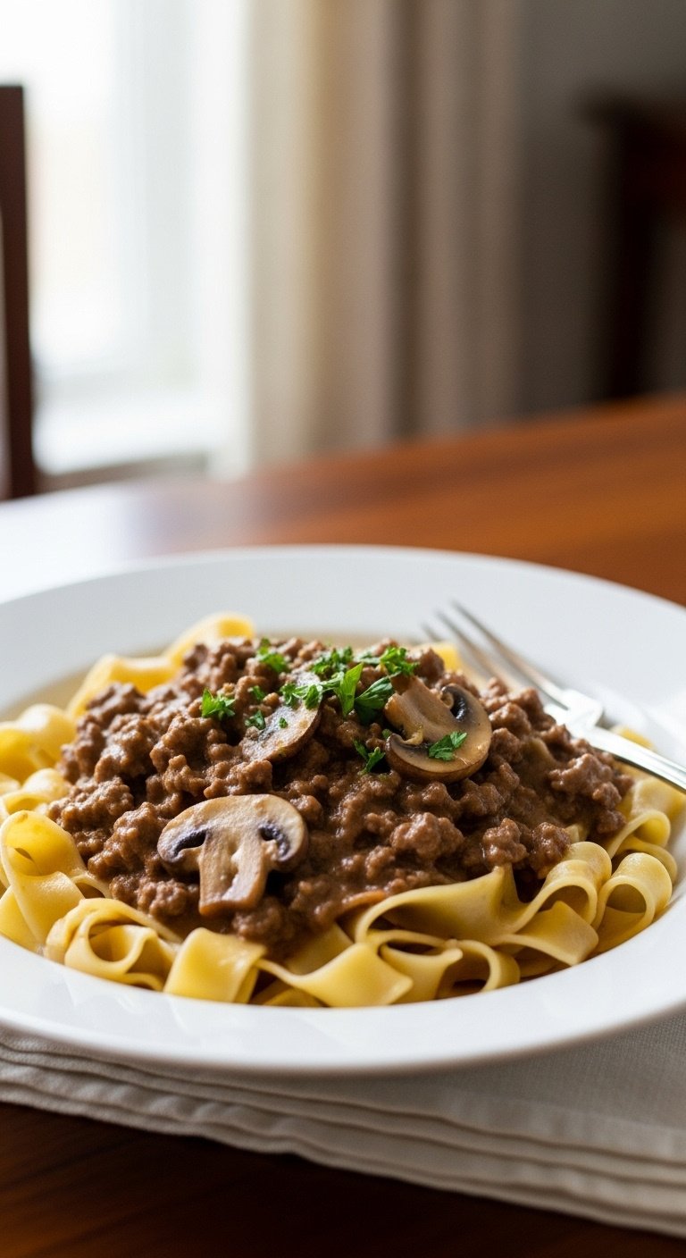 Creamy slow cooker beef stroganoff with ground beef and mushrooms over egg noodles garnished with parsley