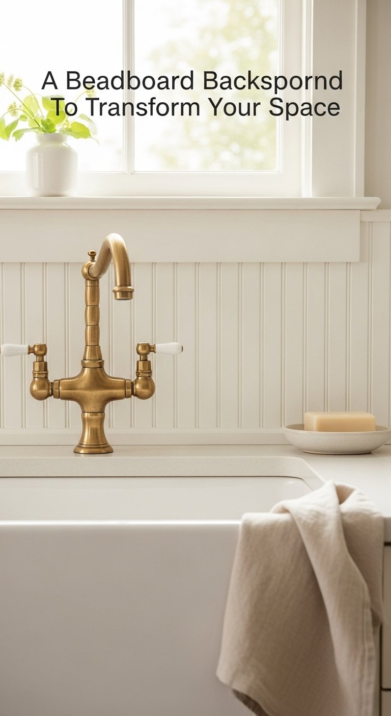 Creamy white beadboard backsplash behind a farmhouse sink with vintage brass faucet and simple decor in bright natural light