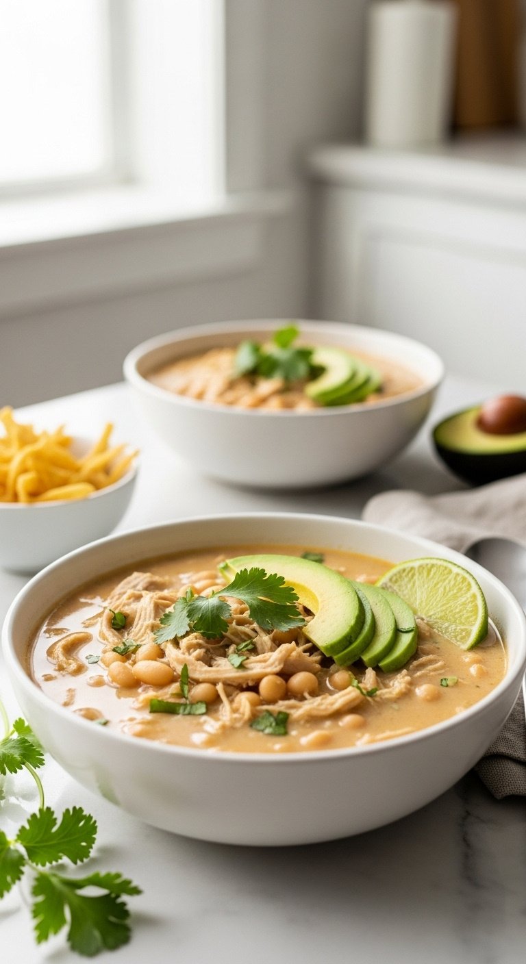 Creamy white chicken chili with cilantro avocado and lime in a bowl on marble with tortilla strips and napkin