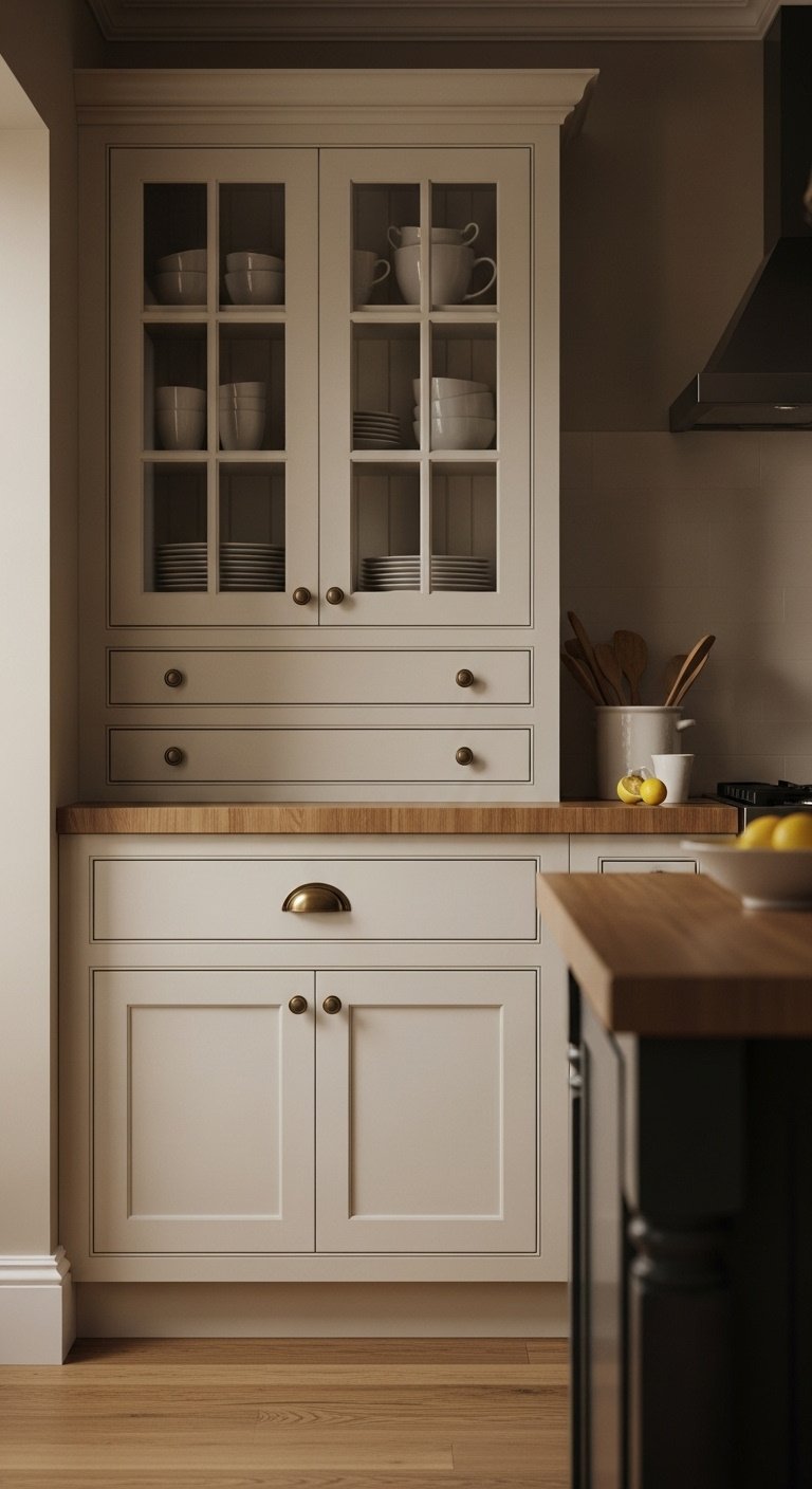 Creamy white cottage kitchen cabinets with glass front and brass cup pull on butcher block countertop with lemons