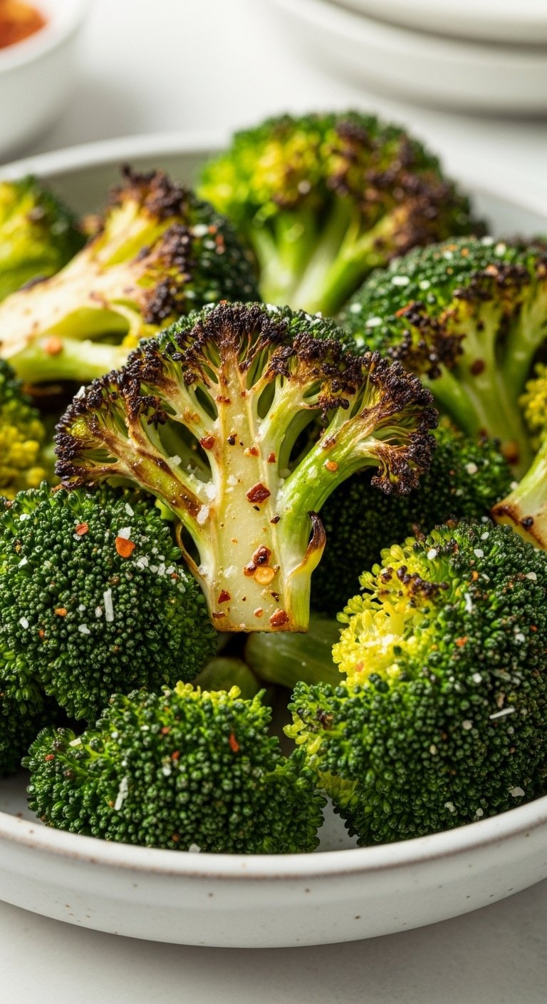 Crispy air fryer broccoli florets with charred edges, red pepper flakes, and Parmesan in a ceramic bowl under natural light