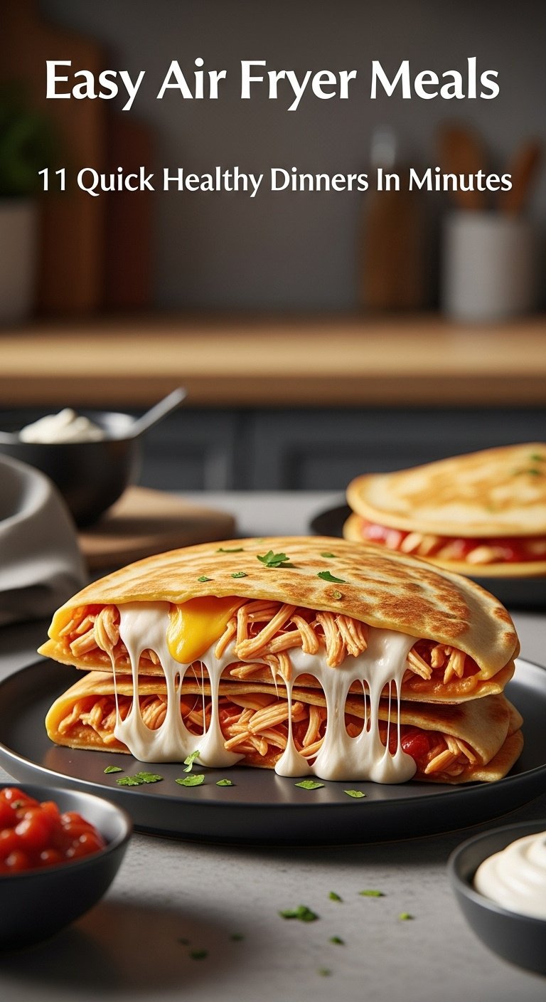 Crispy air fryer cheesy chicken quesadilla halves revealing melted stringy cheese, served with salsa and sour cream