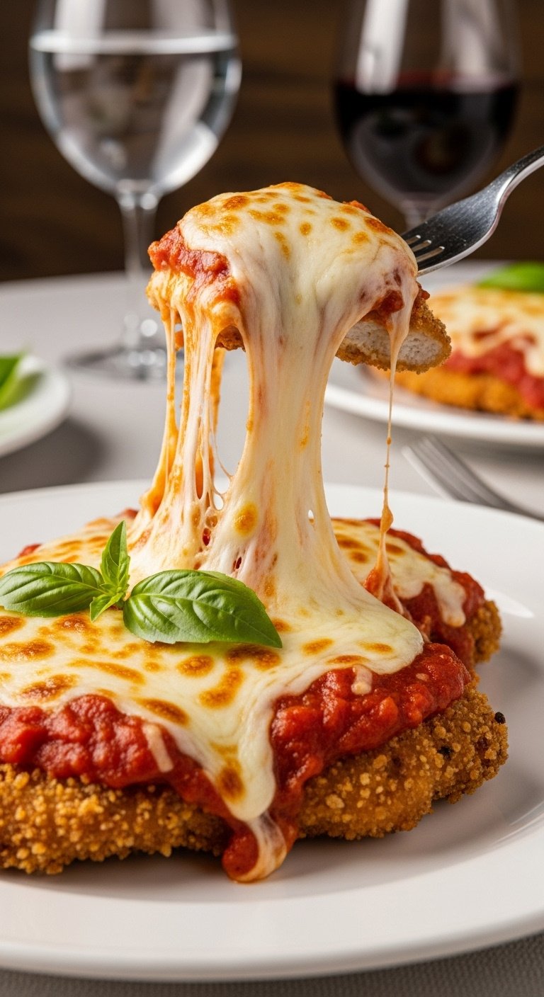 Crispy air fryer chicken parmesan with melted mozzarella and marinara sauce on a white plate with basil, showing a cheese pull