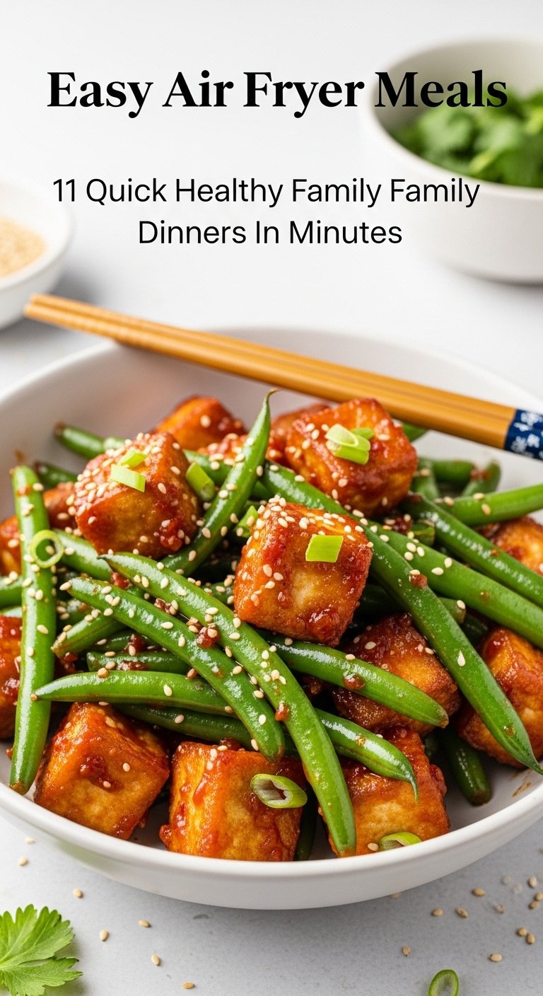 Crispy air fryer chili-garlic tofu and green beans in a ceramic bowl with chopsticks and sesame seeds