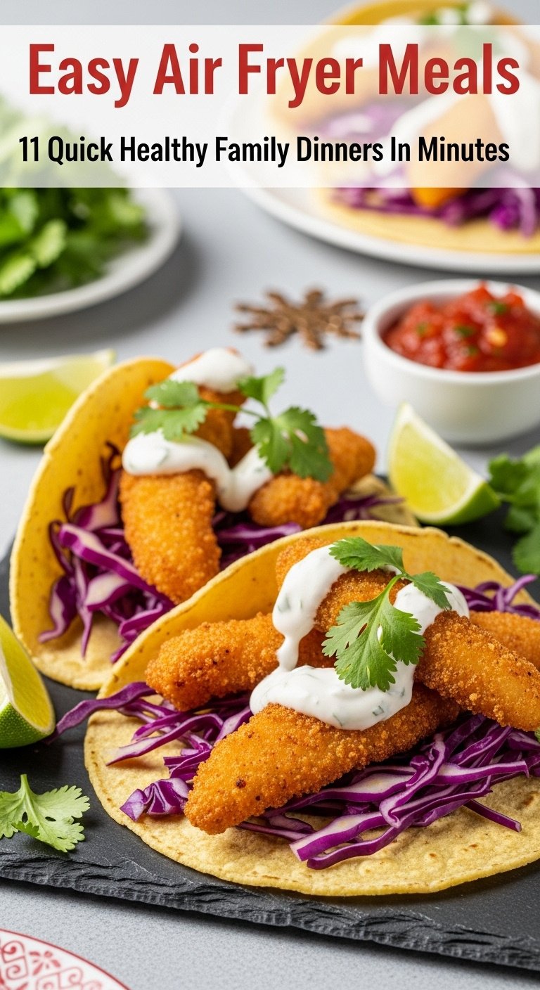 Crispy air fryer fish tacos with purple cabbage slaw, creamy sauce, cilantro, lime, and salsa on a rustic slate board