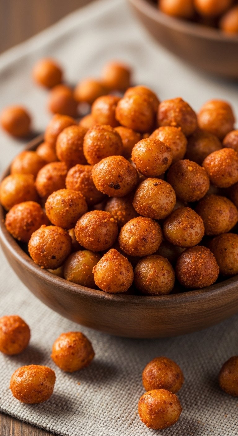 Crispy air fryer roasted chickpeas coated in spices in a rustic bowl on a linen cloth under warm natural light