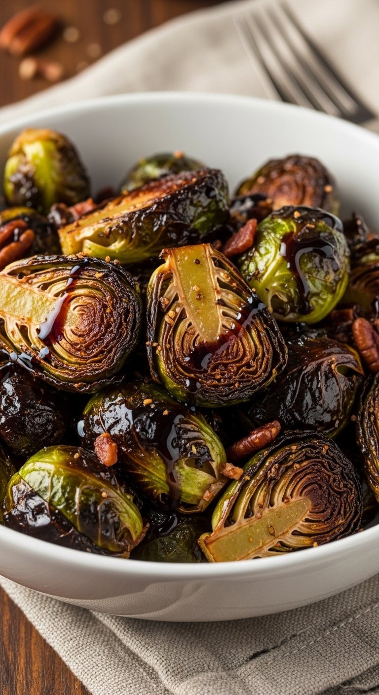 Crispy caramelized air fryer Brussels sprouts with balsamic glaze, pecans, and bacon bits in a white bowl on a dark wood table