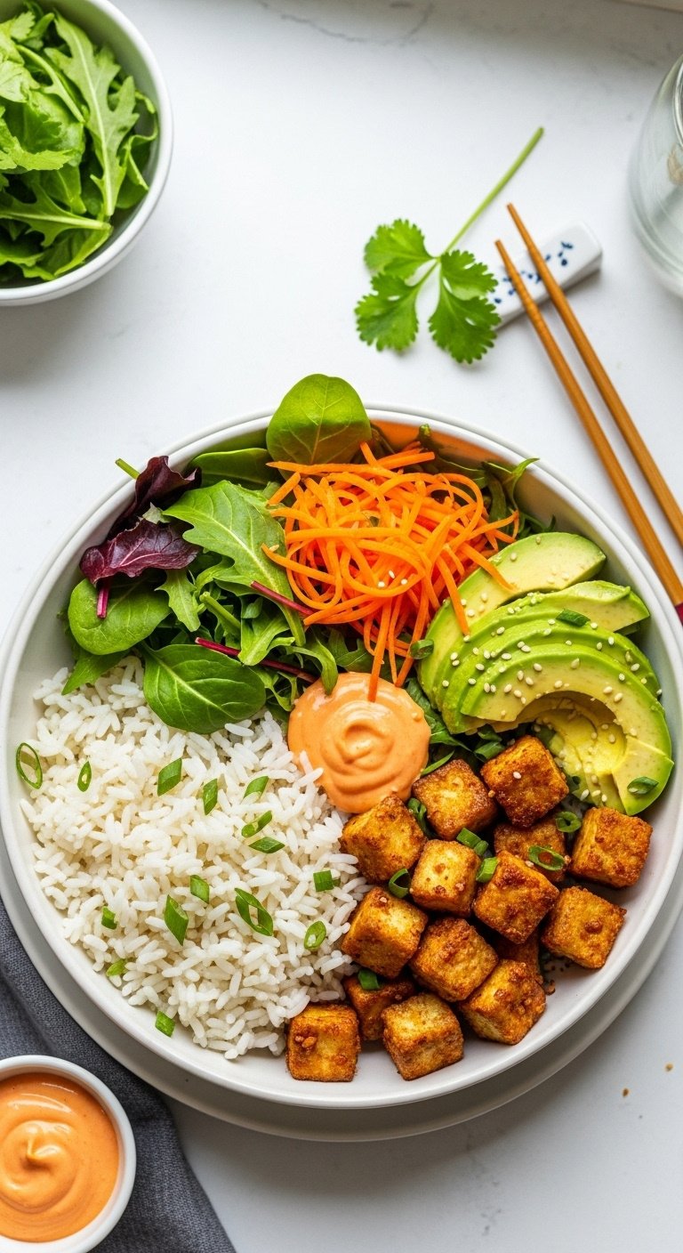 Crispy garlic tofu rice bowl with jasmine rice, mixed greens, avocado, and shredded carrots, with chopsticks and sriracha mayo