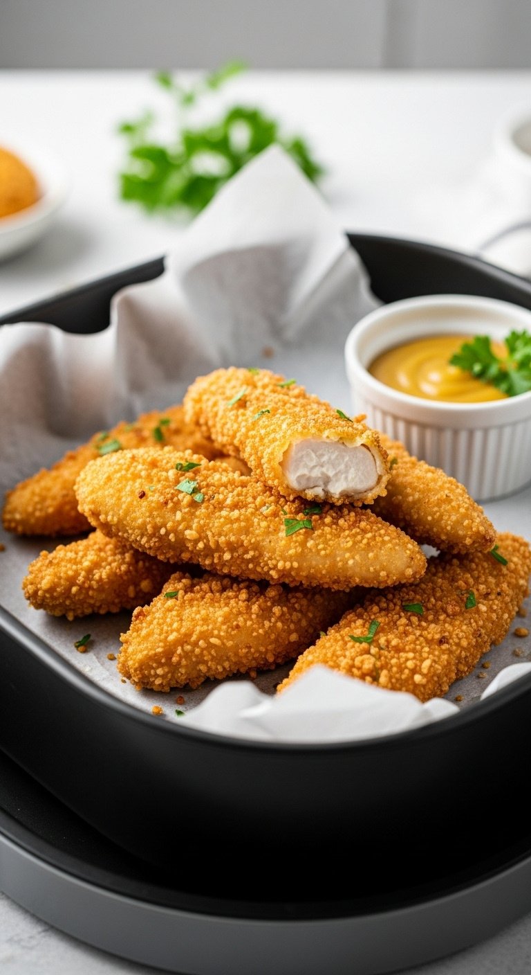 Crispy golden-brown air fryer chicken tenders with panko texture, honey mustard, and parsley in a dark grey basket