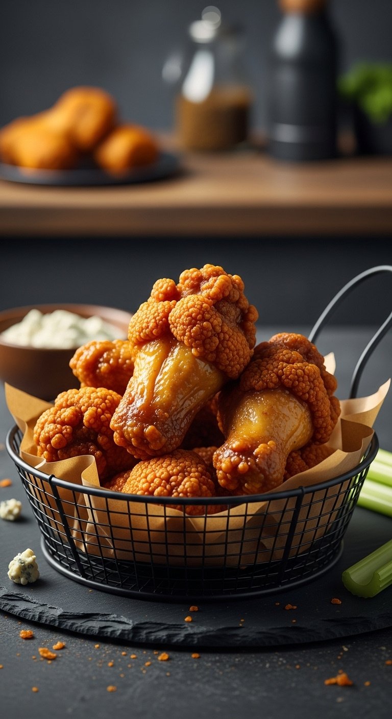 Crispy golden-brown air fryer chicken wings in a black wire basket with blue cheese dressing and celery sticks on a dark slate surface