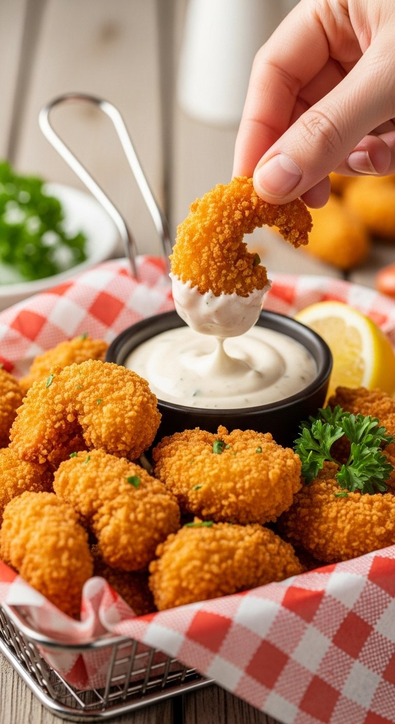 Crispy golden-brown air fryer popcorn shrimp in a paper-lined basket with creamy dipping sauce, lemon wedge, and parsley