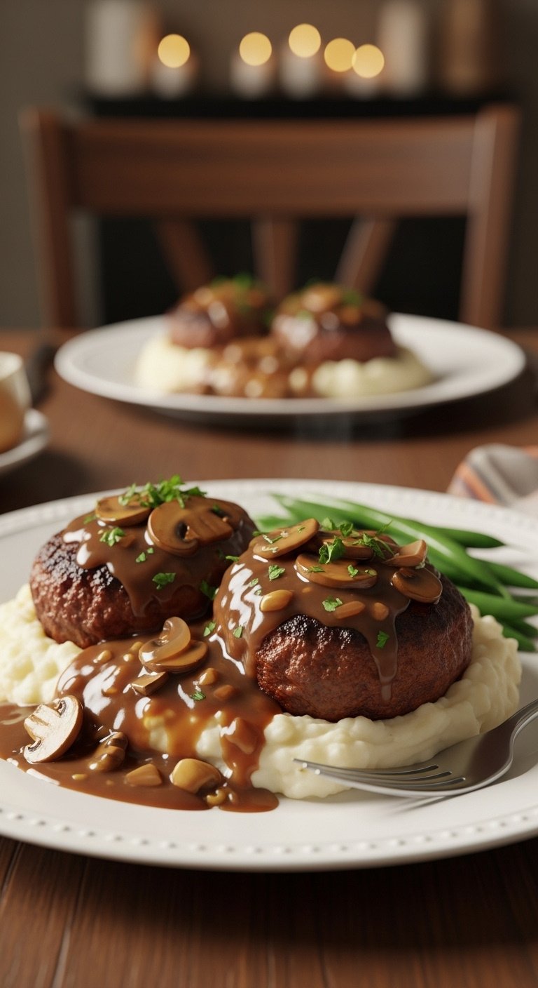Crockpot Salisbury steak with mushroom gravy over mashed potatoes garnished with parsley and green beans on a white plate