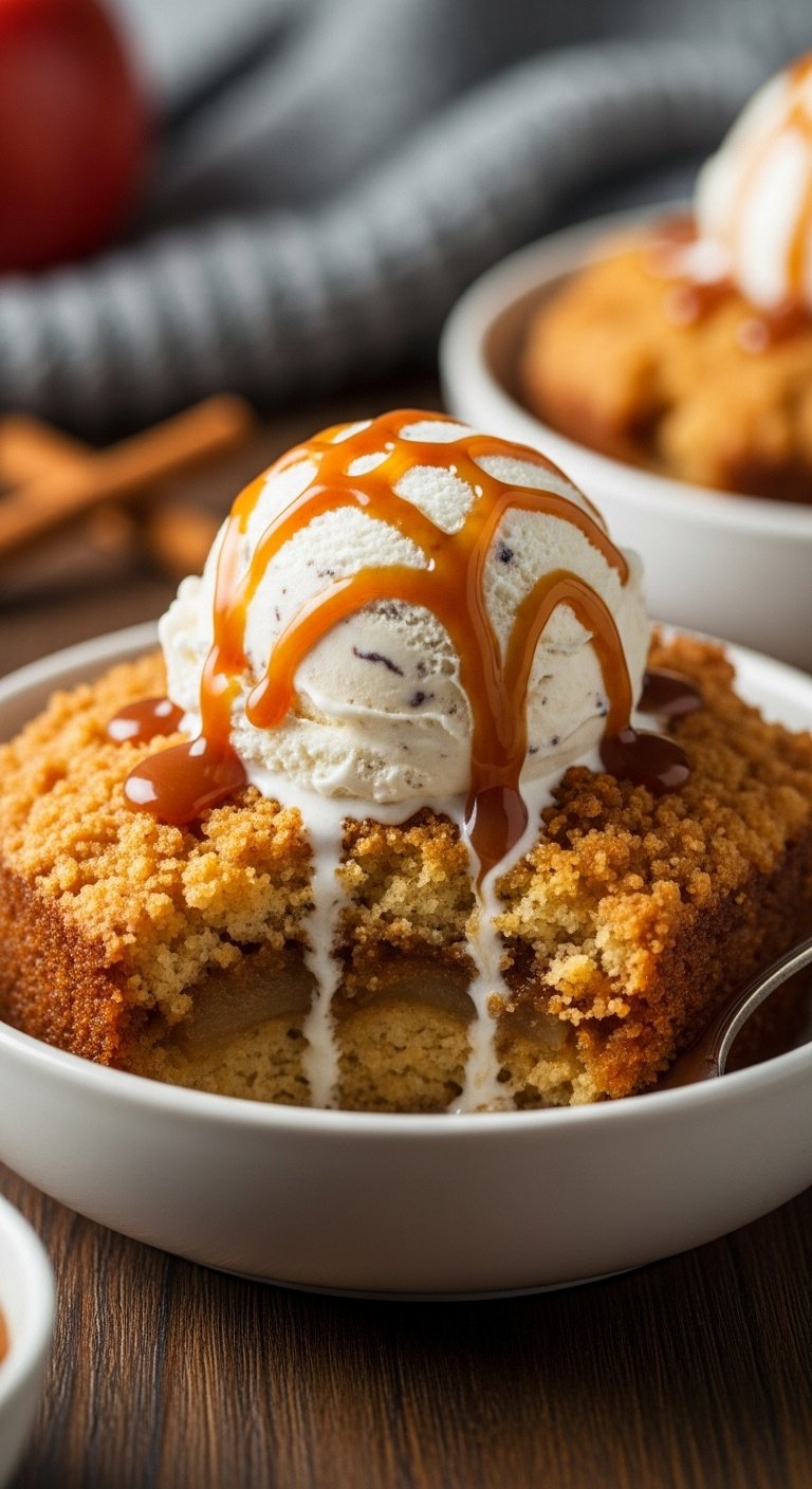 Crockpot caramel apple dump cake with vanilla ice cream and caramel sauce in a bowl on a dark wood table