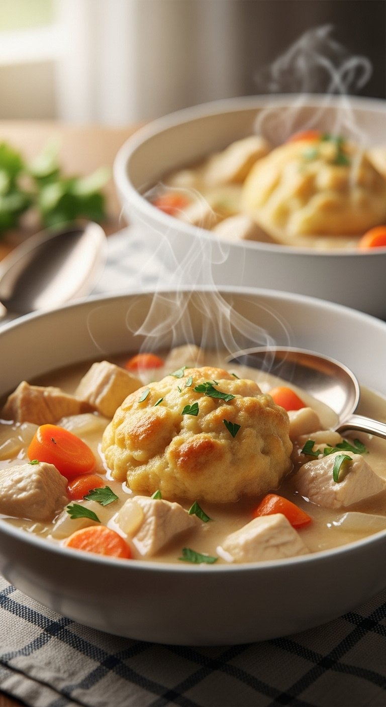 Crockpot chicken and dumplings with carrots and parsley in a white ceramic bowl with a spoon and steam
