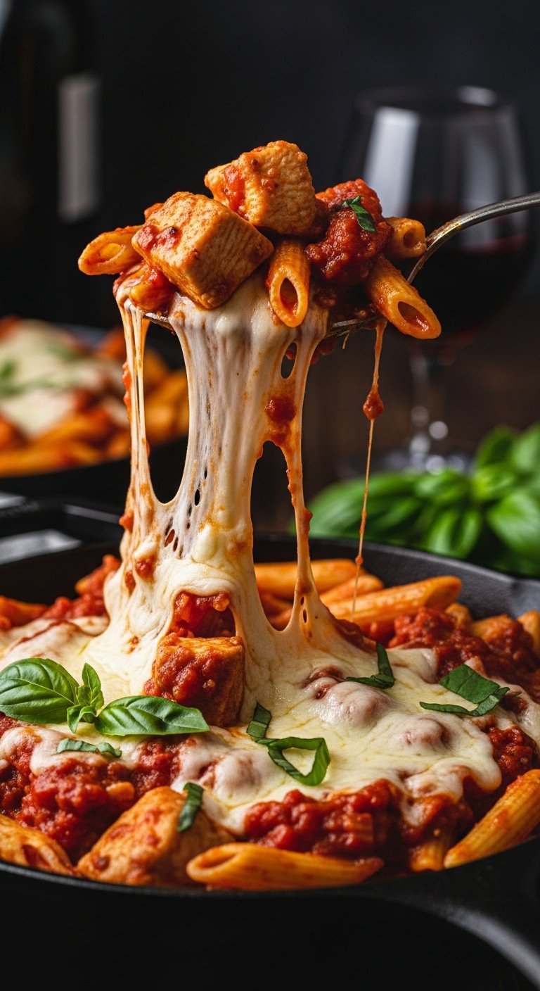 Crockpot chicken parmesan pasta with cheese pull from a spoon in a cast-iron skillet with basil and wine