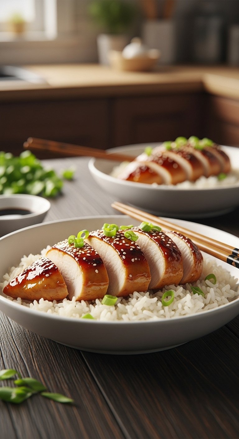 Crockpot honey garlic chicken with rice green onions and sesame seeds in a white bowl with soy sauce and chopsticks