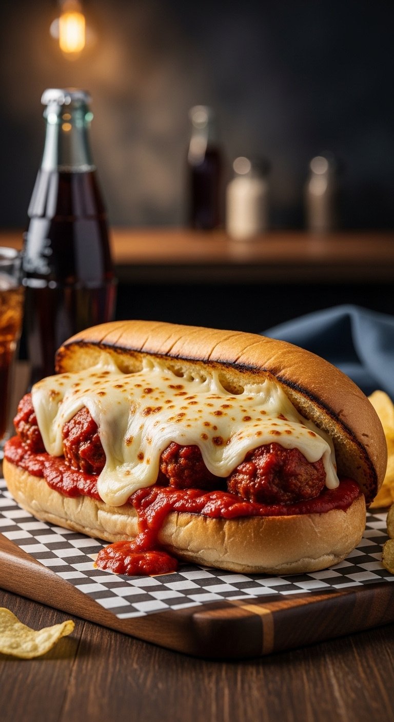 Crockpot meatball sub with melted provolone cheese on a hoagie roll with soda and chips on deli paper on a wooden board