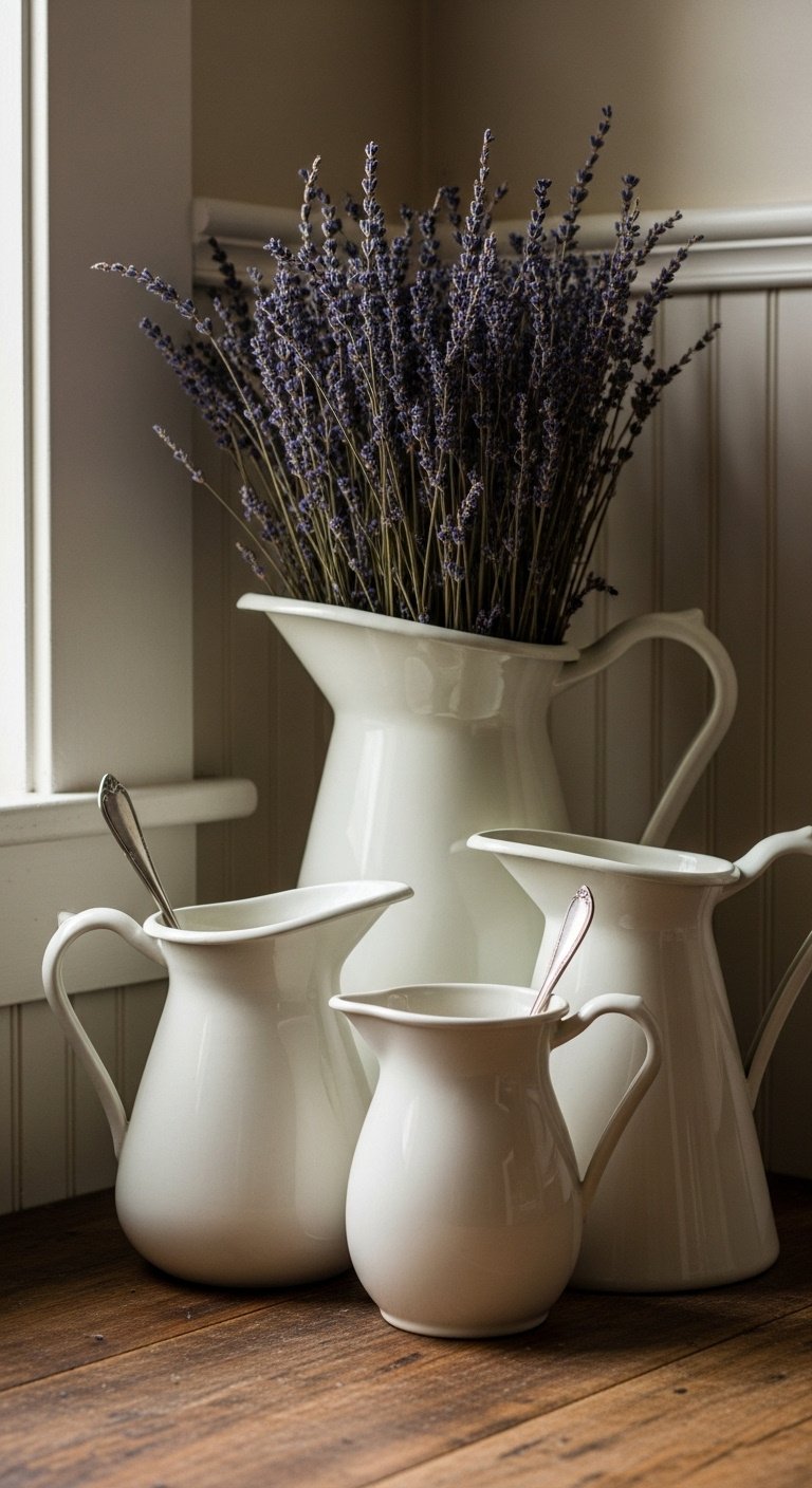 Curated collection of vintage white ironstone pitchers with dried lavender on dark wood countertop with beadboard wall