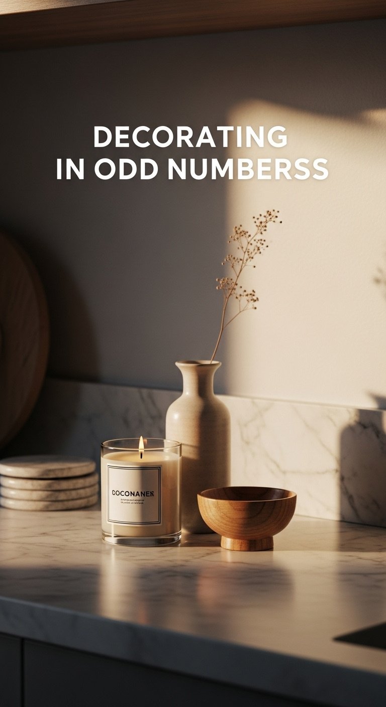 Curated group of three objects ceramic vase candle wooden bowl on marble countertop with linen coasters in warm light