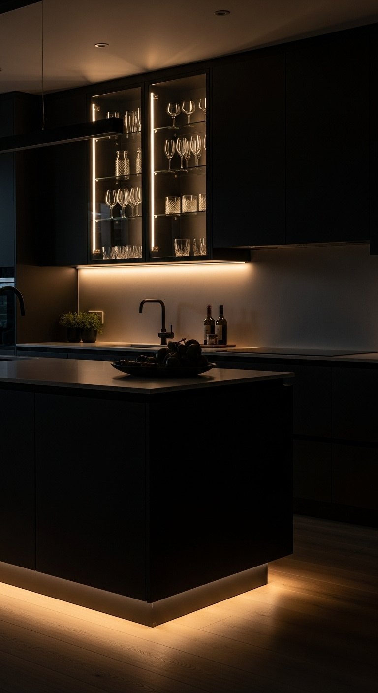 Dark moody luxury kitchen at night with advanced integrated LED lighting schemes