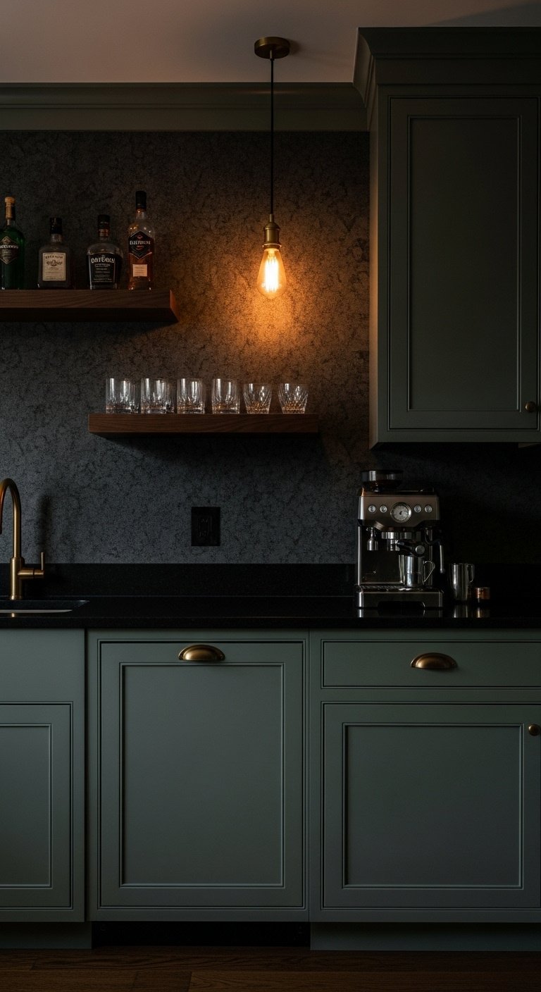 Dark moody sage green kitchen, black granite countertop, espresso machine, walnut floating shelves, whiskey glasses, Edison bulb.