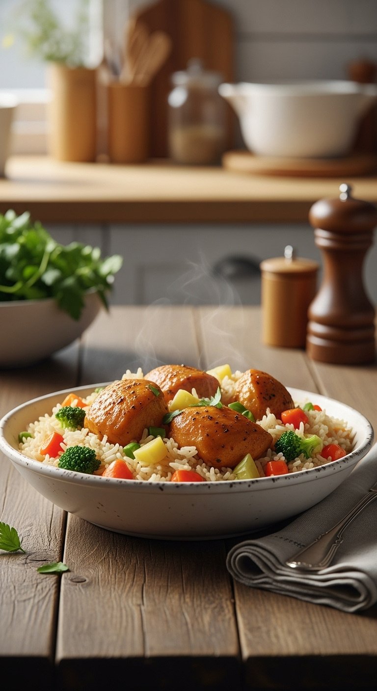 Delicious one-pot pressure cooker chicken and rice with colorful vegetables in a rustic white bowl on a wood table