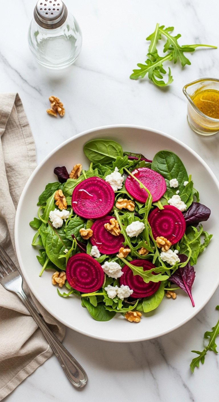 Delicious salad with dark leafy greens vibrant pickled beet slices goat cheese and toasted walnuts in a white bowl