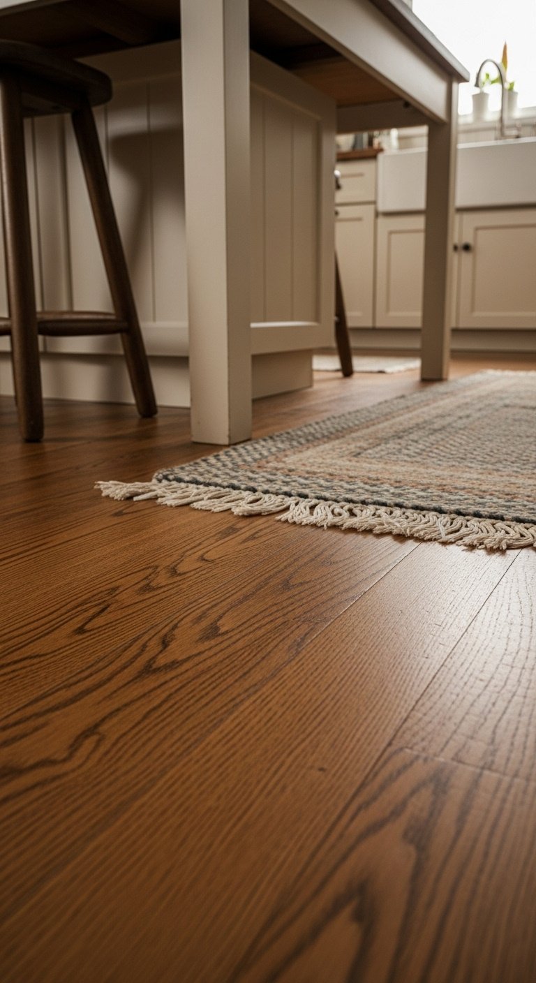 Distressed hardwood floors with a braided rug and rustic wooden stool leg in a sunlit cottage kitchen