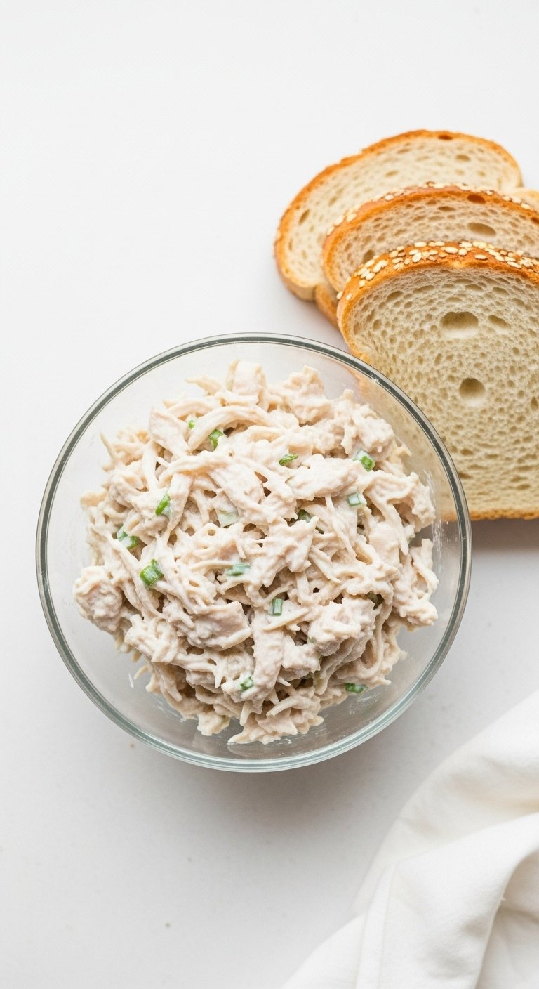 Dixie Chick chicken salad in a glass bowl with wheat bread slices