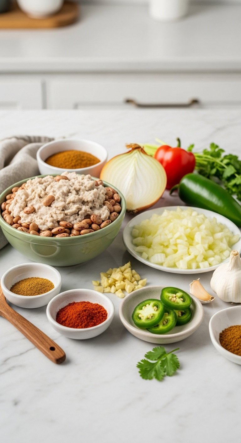 Dried pinto beans chopped onion minced garlic sliced jalapeno chili powder cumin wooden spoon cilantro on marble countertop