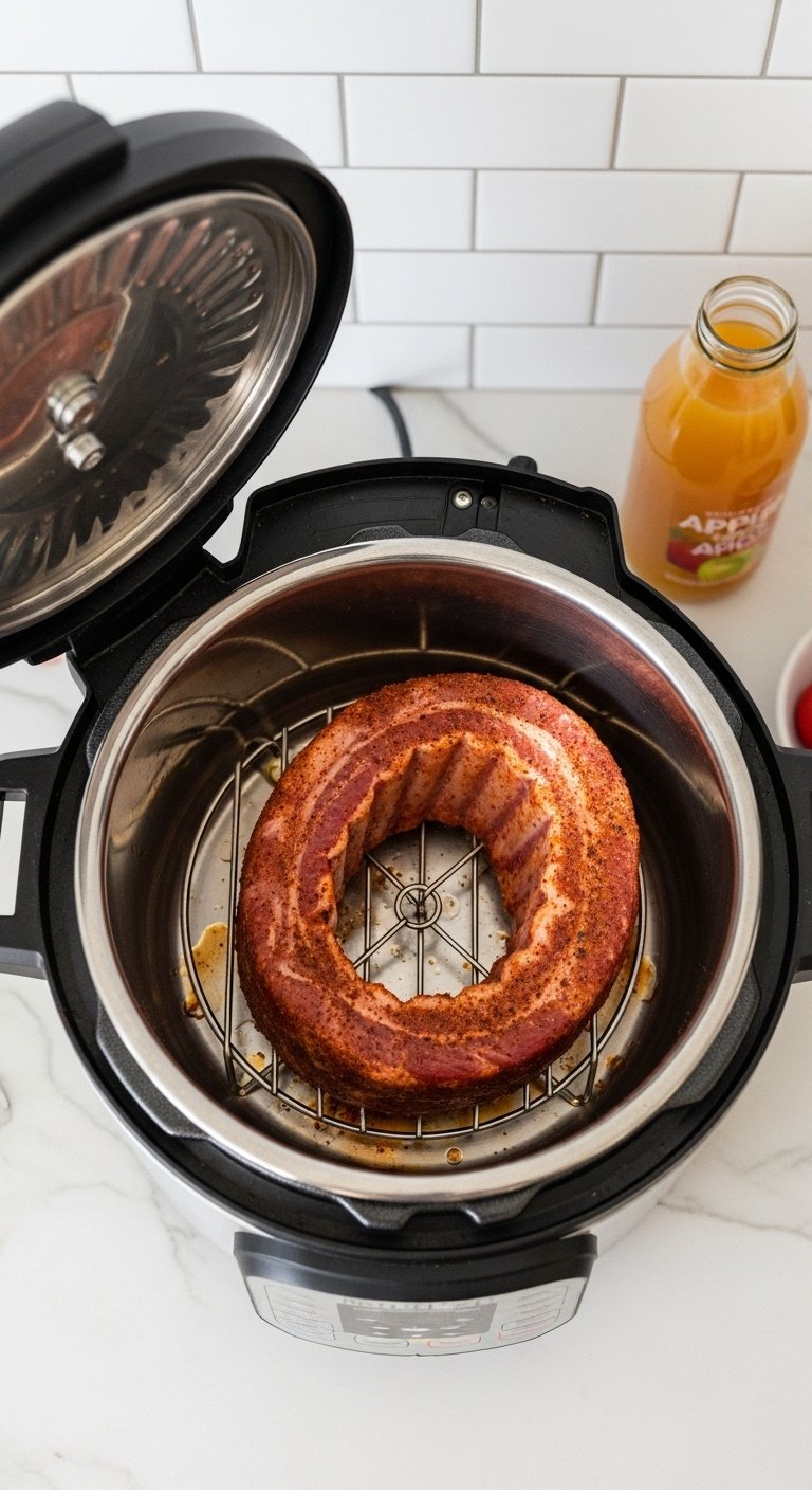 Dry-rubbed ribs curled upright on a trivet inside an open Instant Pot with cooking liquid and apple juice on a countertop