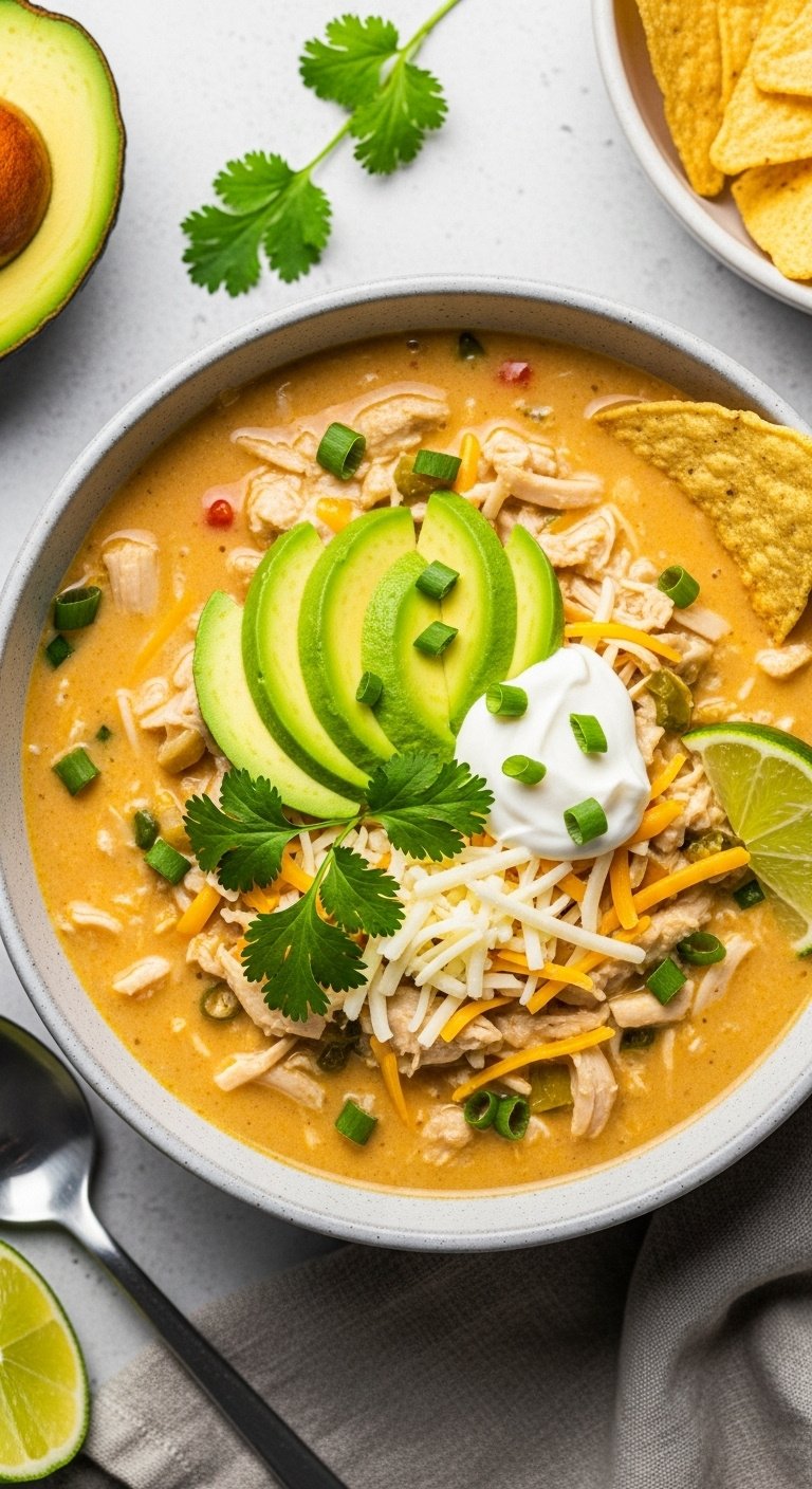 Dump and go white chicken chili with avocado cilantro cheese and sour cream in a stoneware bowl